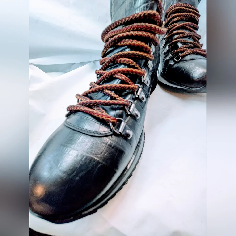 PRADA NEW Men's Black‎ Crocodile Pattern Hiking Boots, Size 43